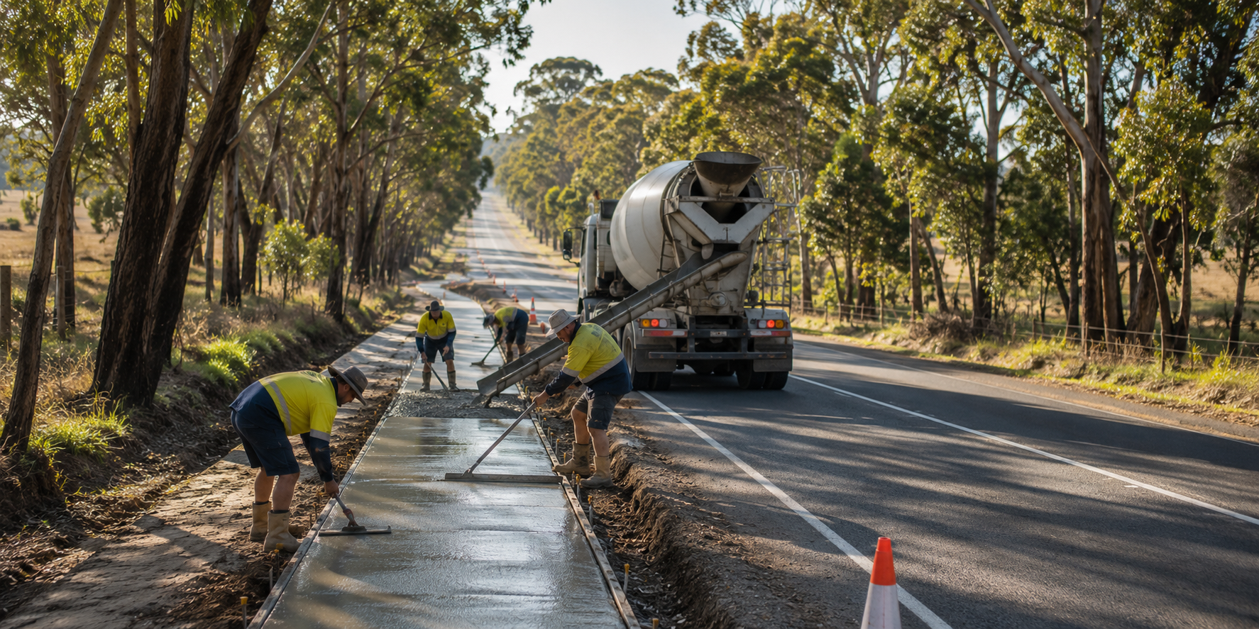 SuperCivil crew in hi-vis pouring and screeding a fresh roadside concrete footpath with an agitator truck delivering concrete on a rural Western Australian road