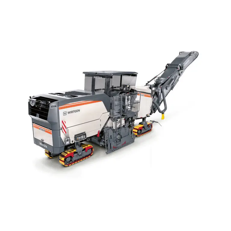 Wirtgen cold milling machine used by SuperCivil for precision road profiling, mounted on tracks with an extended loading conveyor