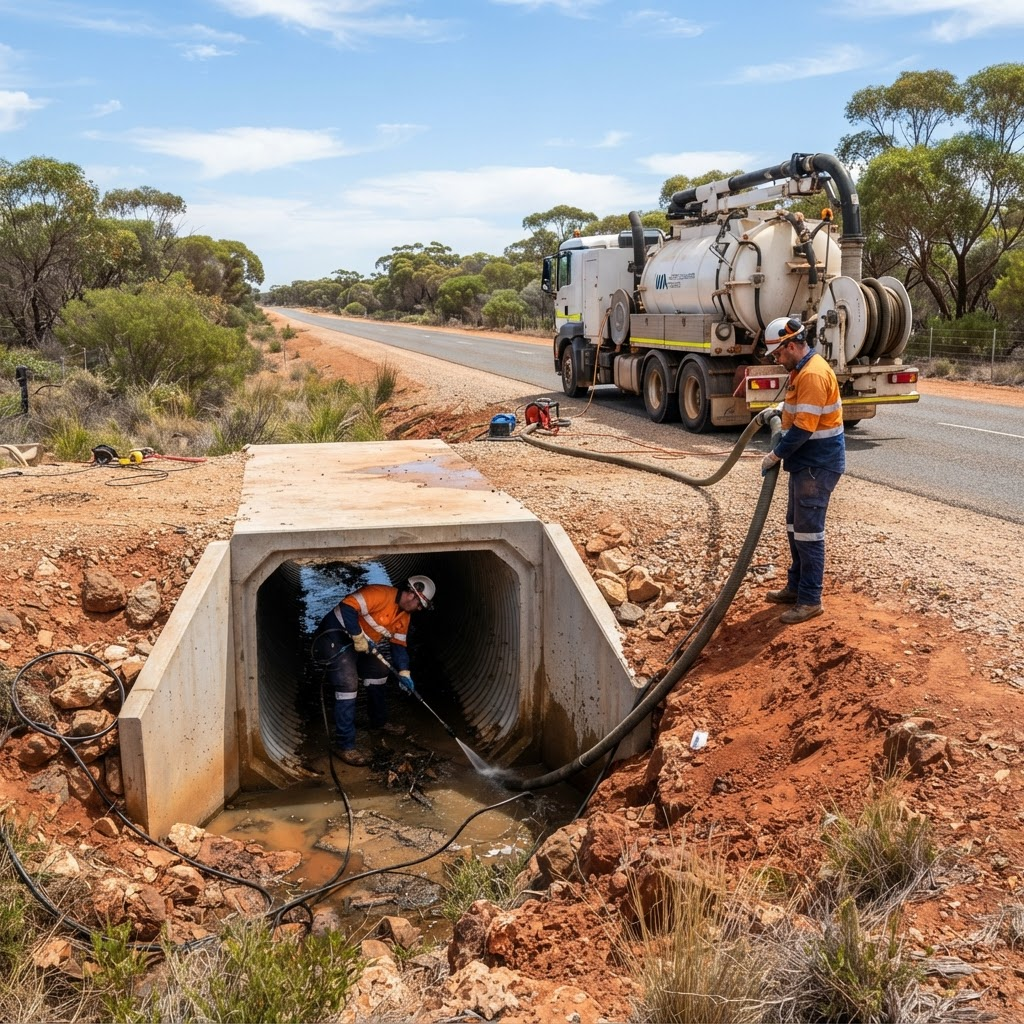 Maintenance crew cleaning roadside concrete culverts and drainage infrastructure using a jetting truck on a rural Western Australian road