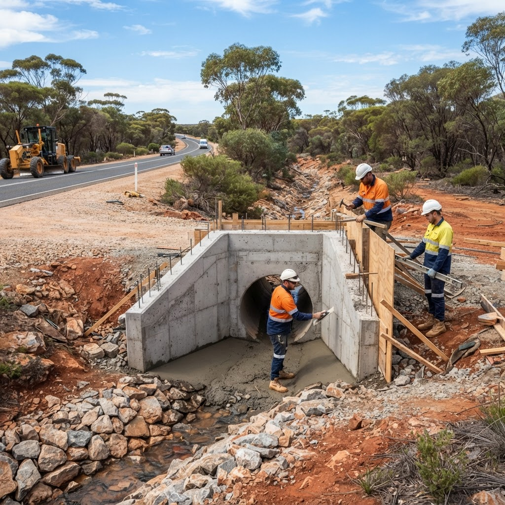 Reconstruction of a concrete drainage headwall beside a Western Australian roadside with formwork and a civil crew