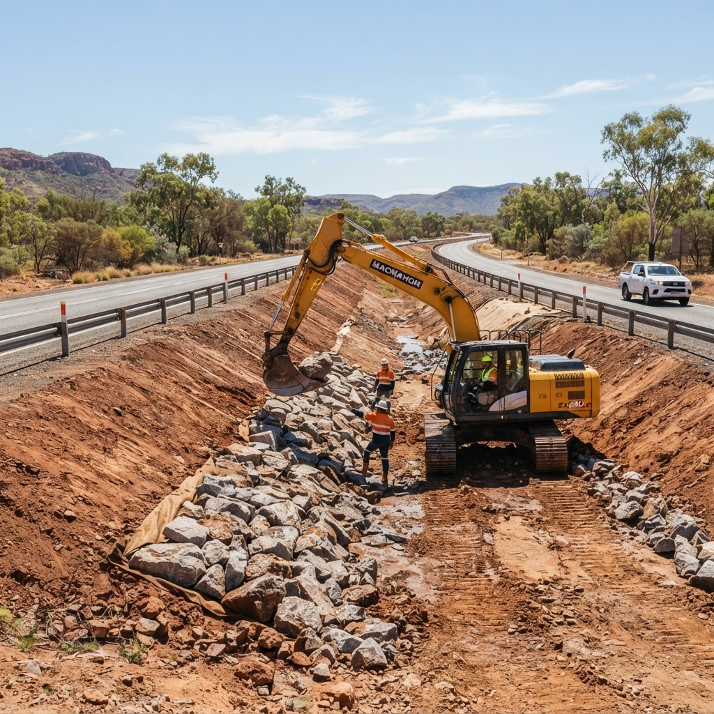Excavator placing rock pitching armour stone along a roadside drainage channel and embankment in Western Australia
