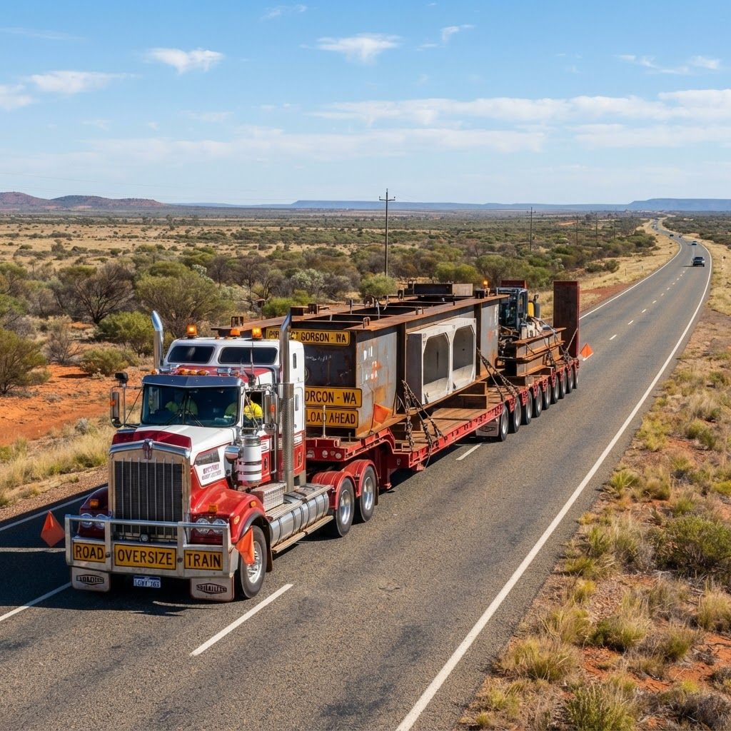 Spread deck trailer transporting oversized civil construction components on a Western Australian road